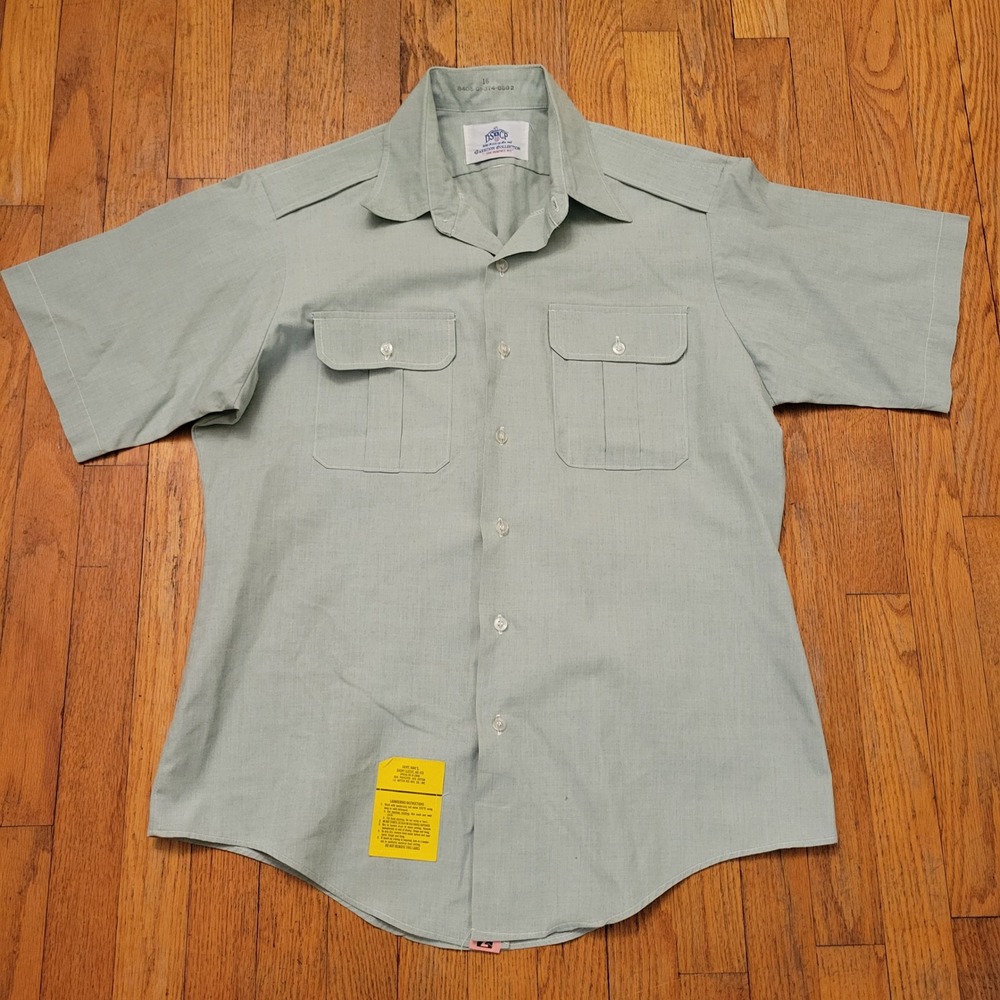 DSCP 16 Military Shirt Green Short Sleeve Epaulets Pockets USA 1980s Utility